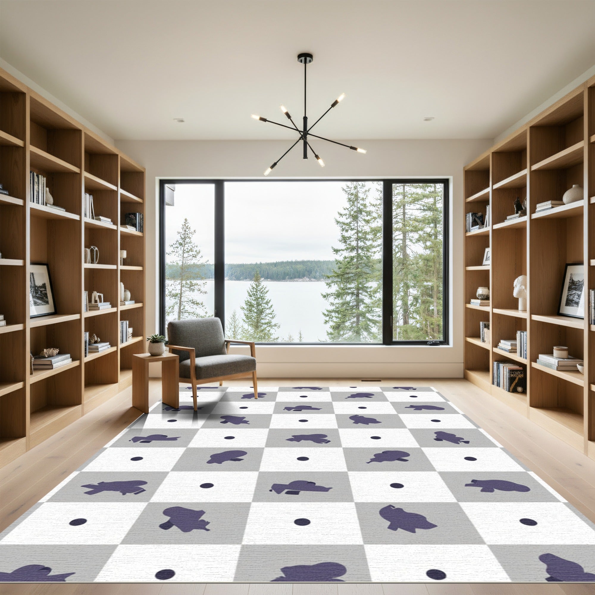 Gray White Abstract Blob Grid Rug