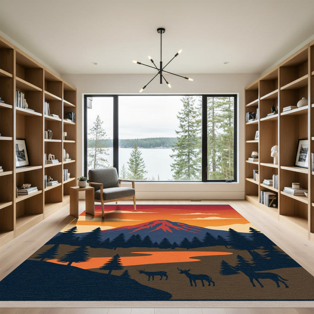 Crimson Volcano Sunset Forest Scene Rug
