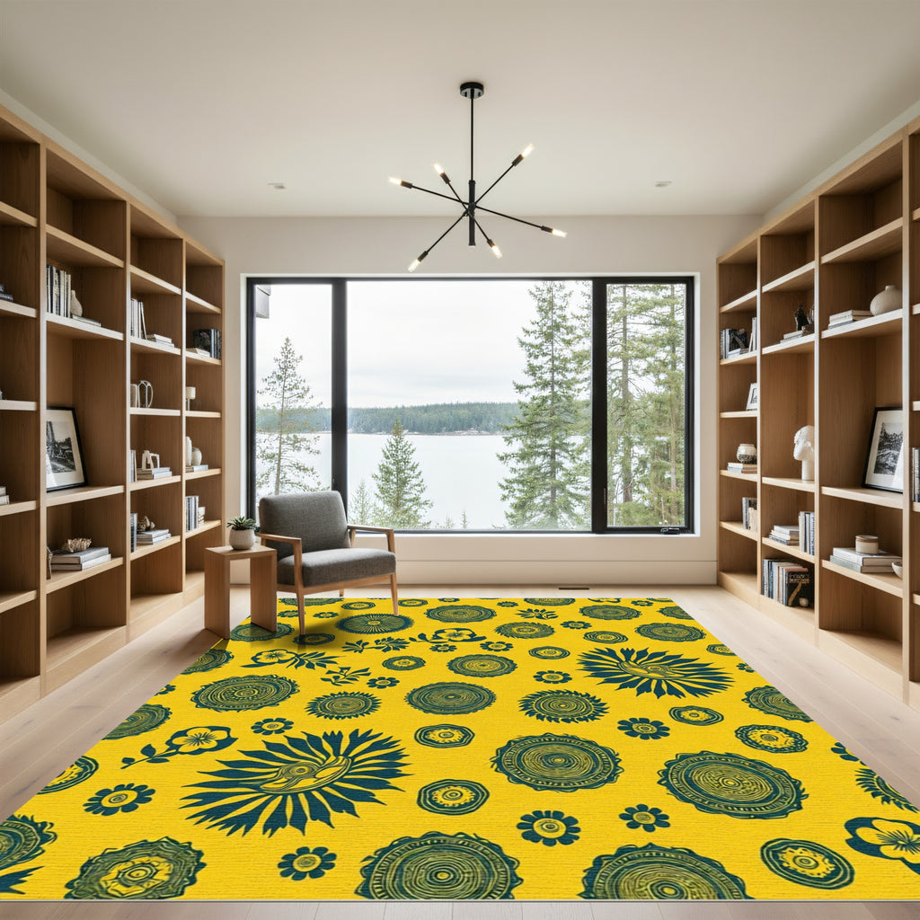 Golden Yellow Teal Floral Medallions Rug