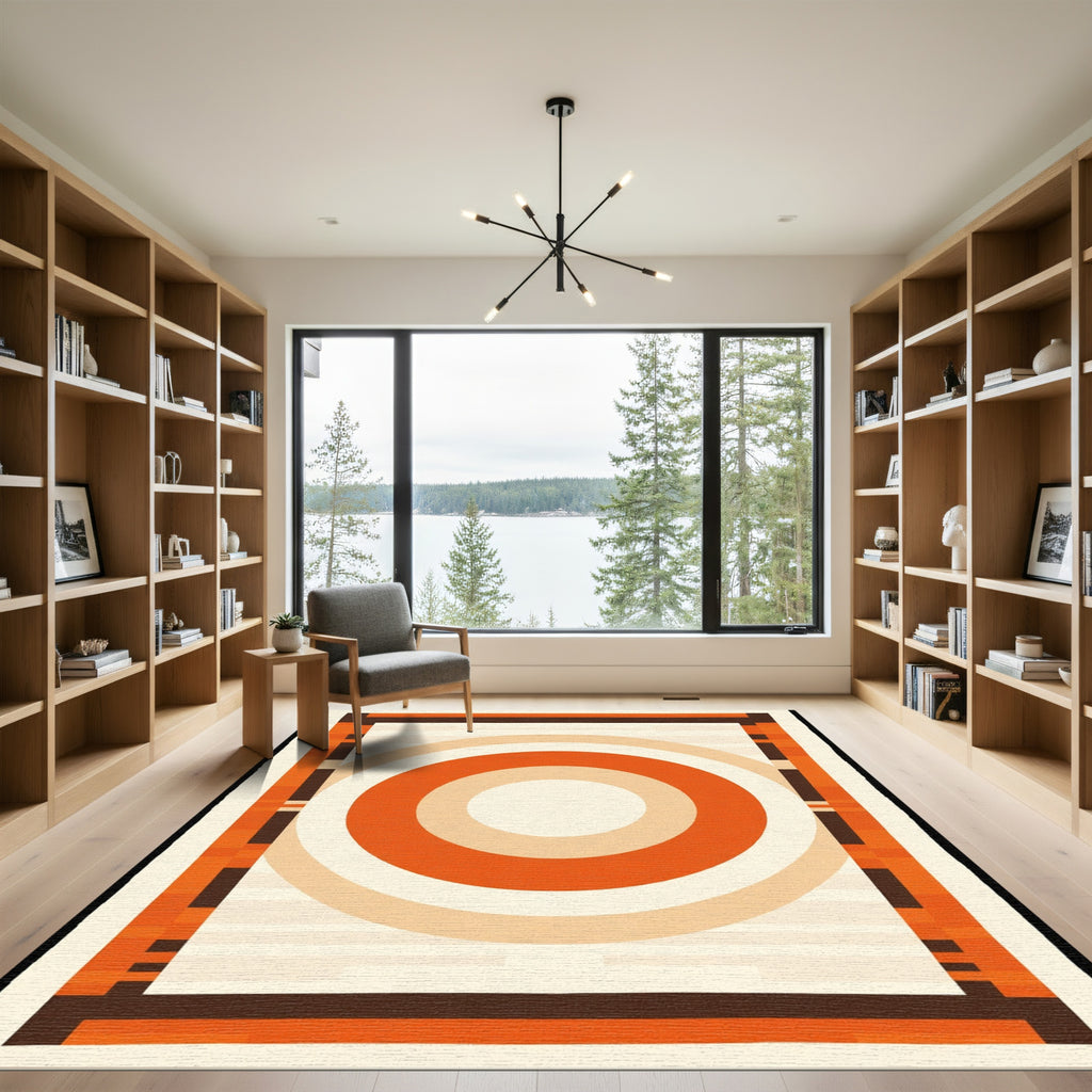 Retro Orange Radial Geometric Border Rug