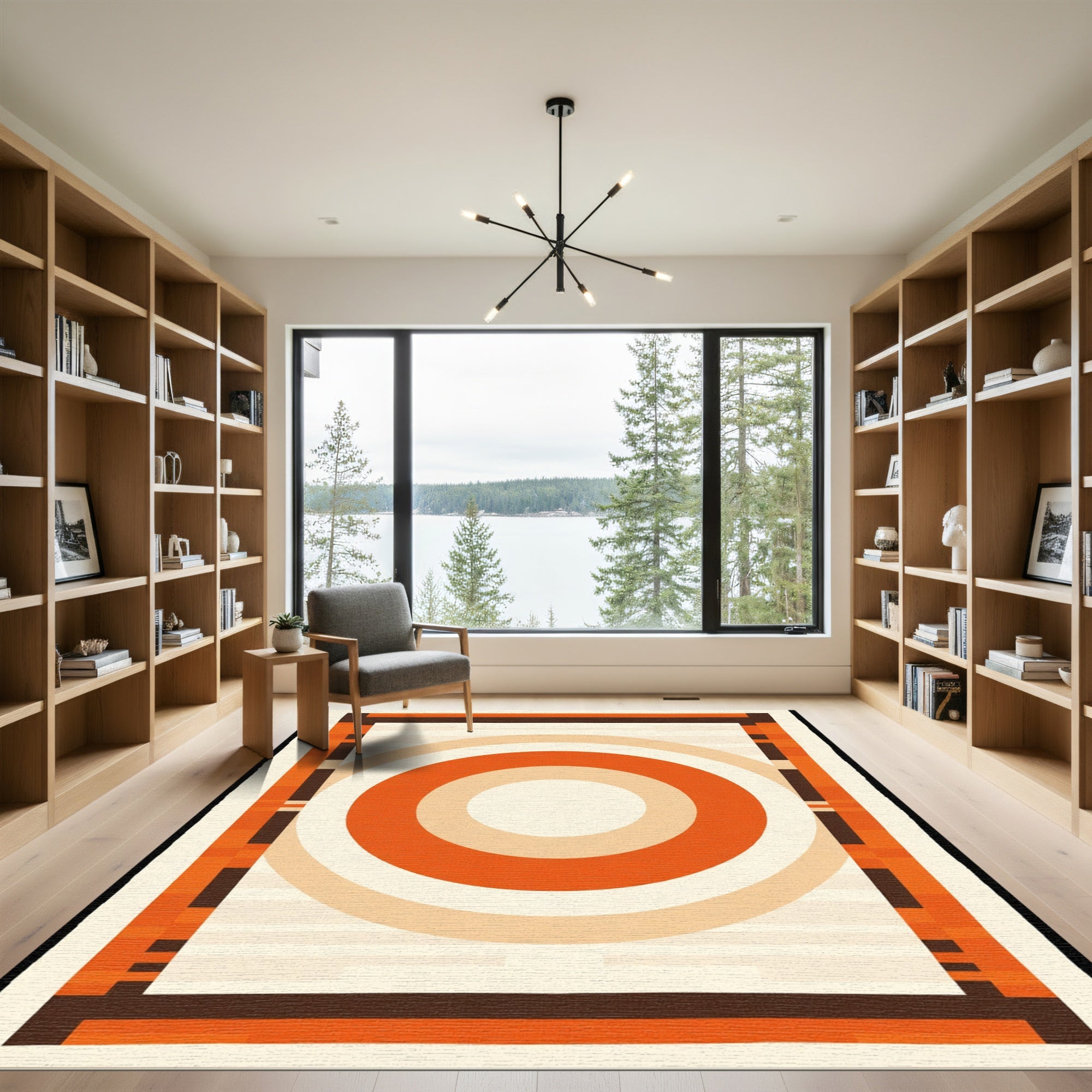 Retro Orange Radial Geometric Border Rug