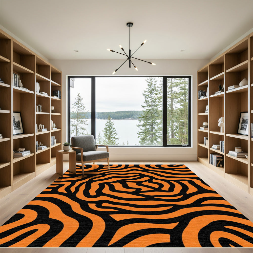 Orange Black Wavy Abstract Lines Rug