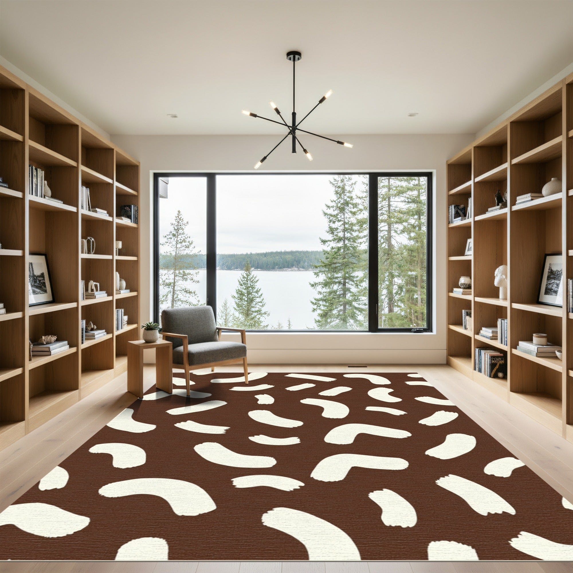 Brown White Abstract Brushstroke Rug
