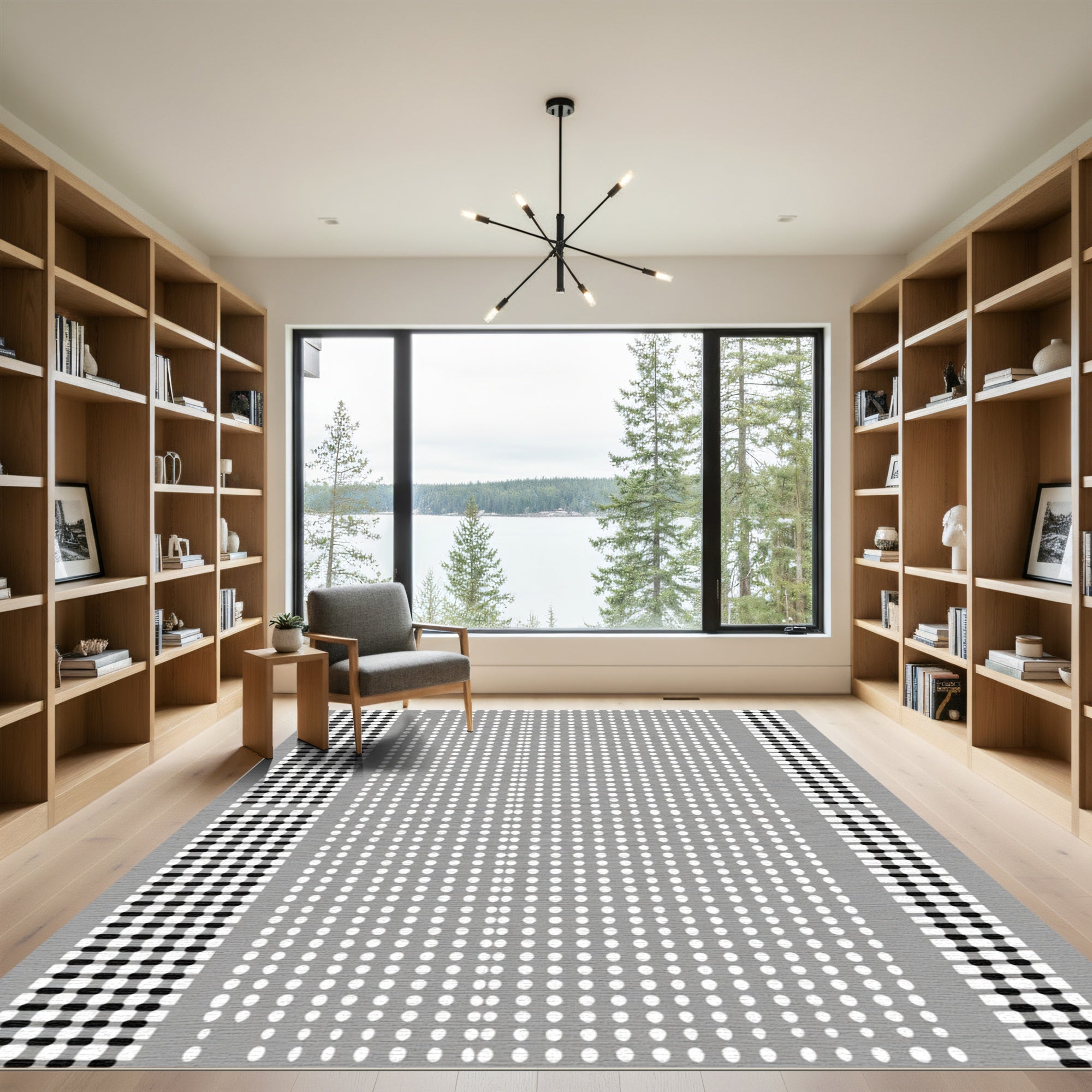 Gray White Dotted Checkerboard Border Rug