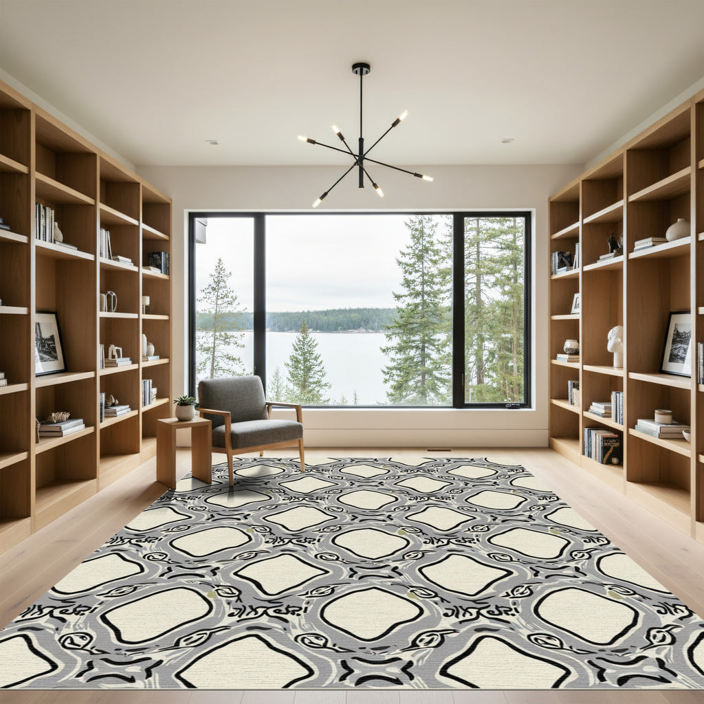 Creamy Gray Abstract Diamond Lattice Rug
