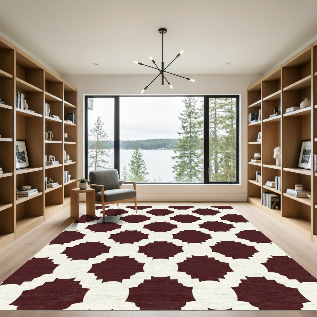Crimson Off White Geometric Lattice Rug
