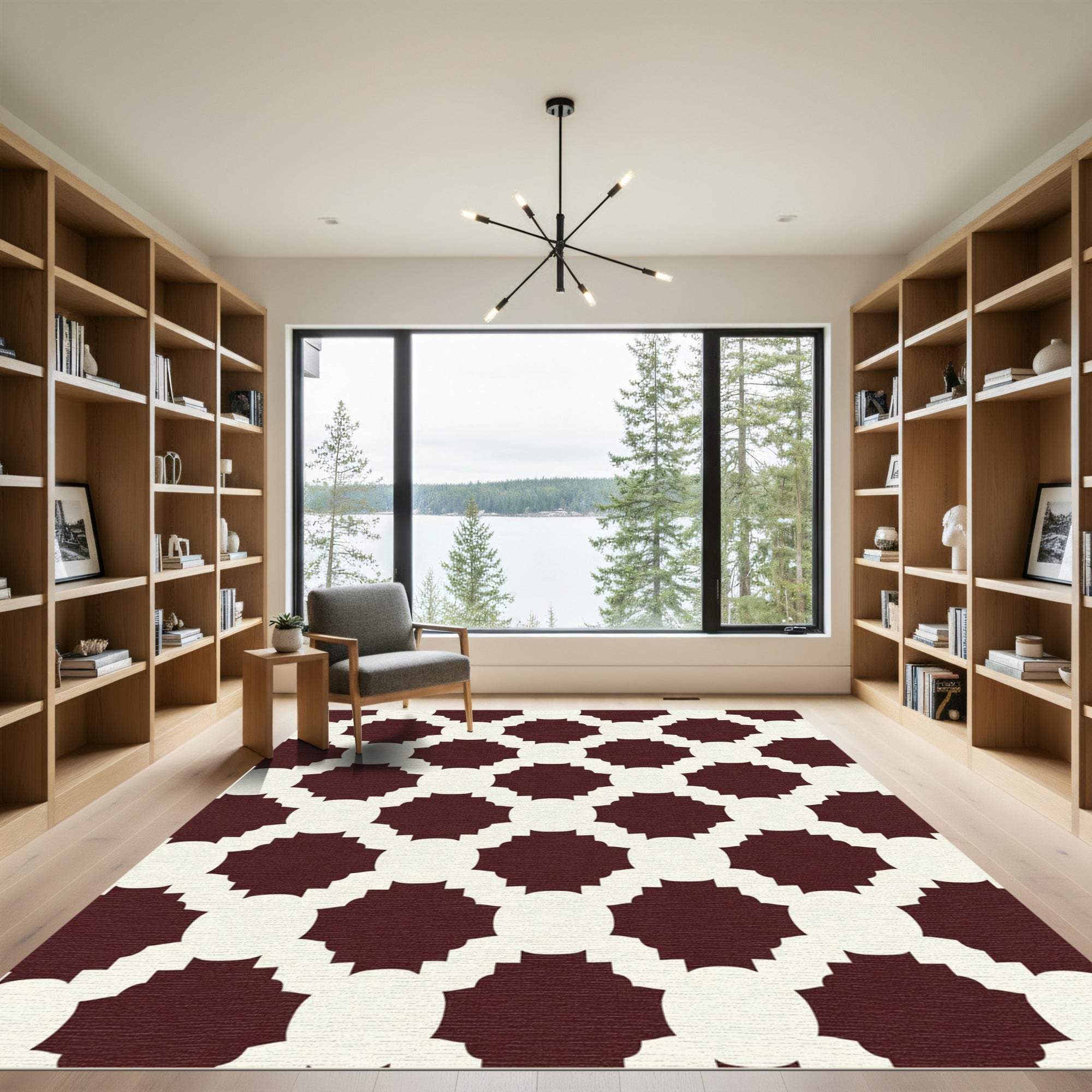 Crimson Off White Geometric Lattice Rug