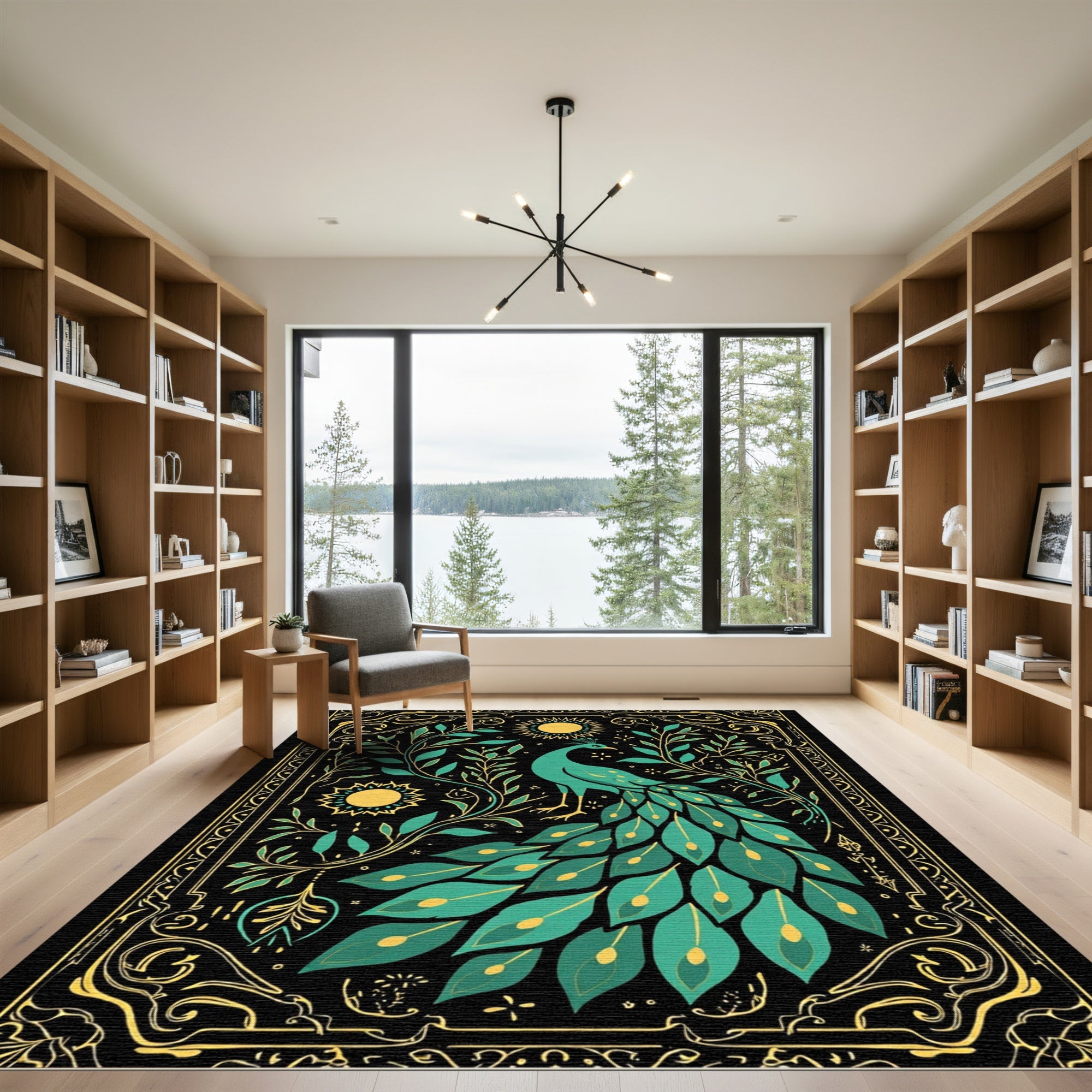 Emerald Peacock Floral Sunburst Border Rug