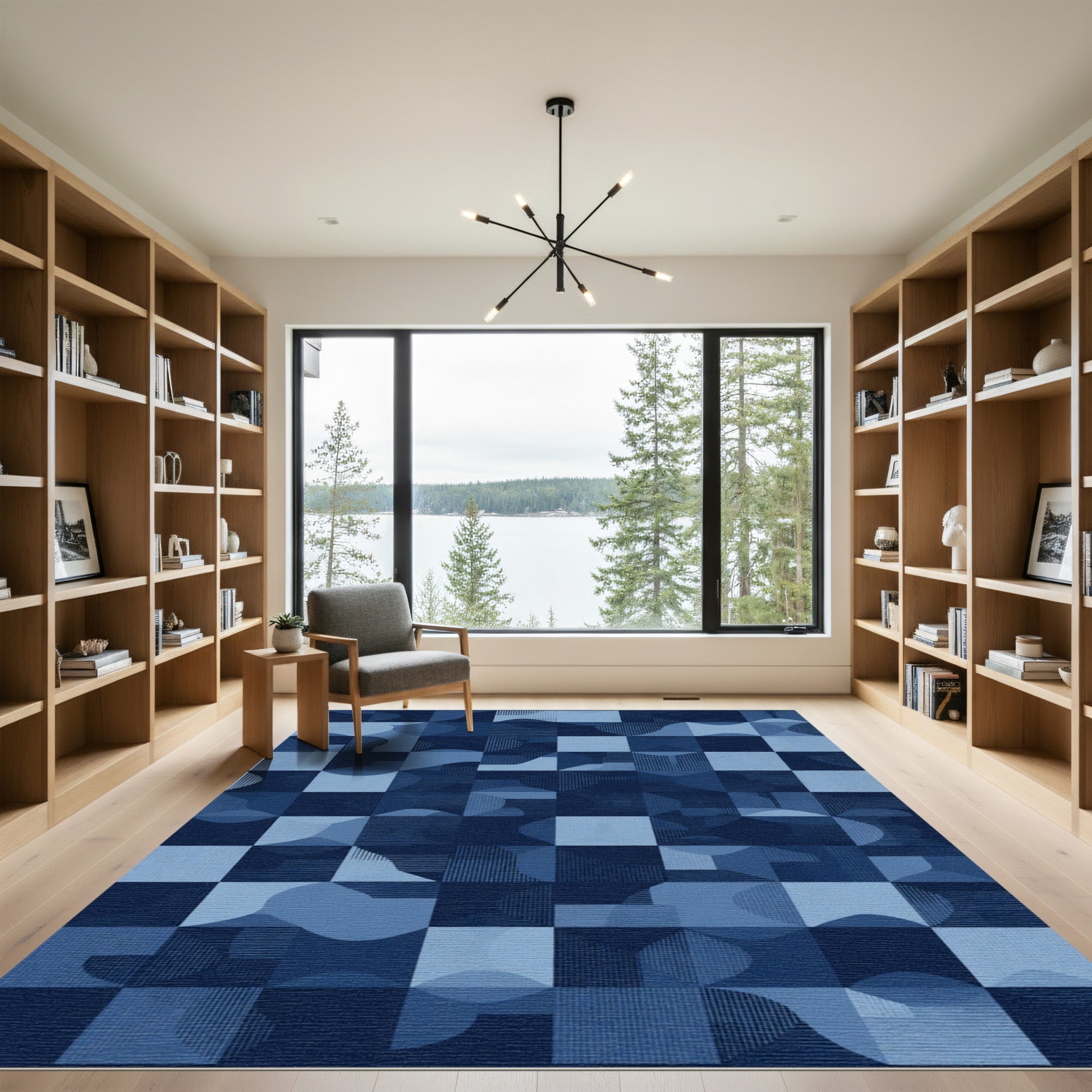 Shades of Blue Geometric Abstract Tiles Rug