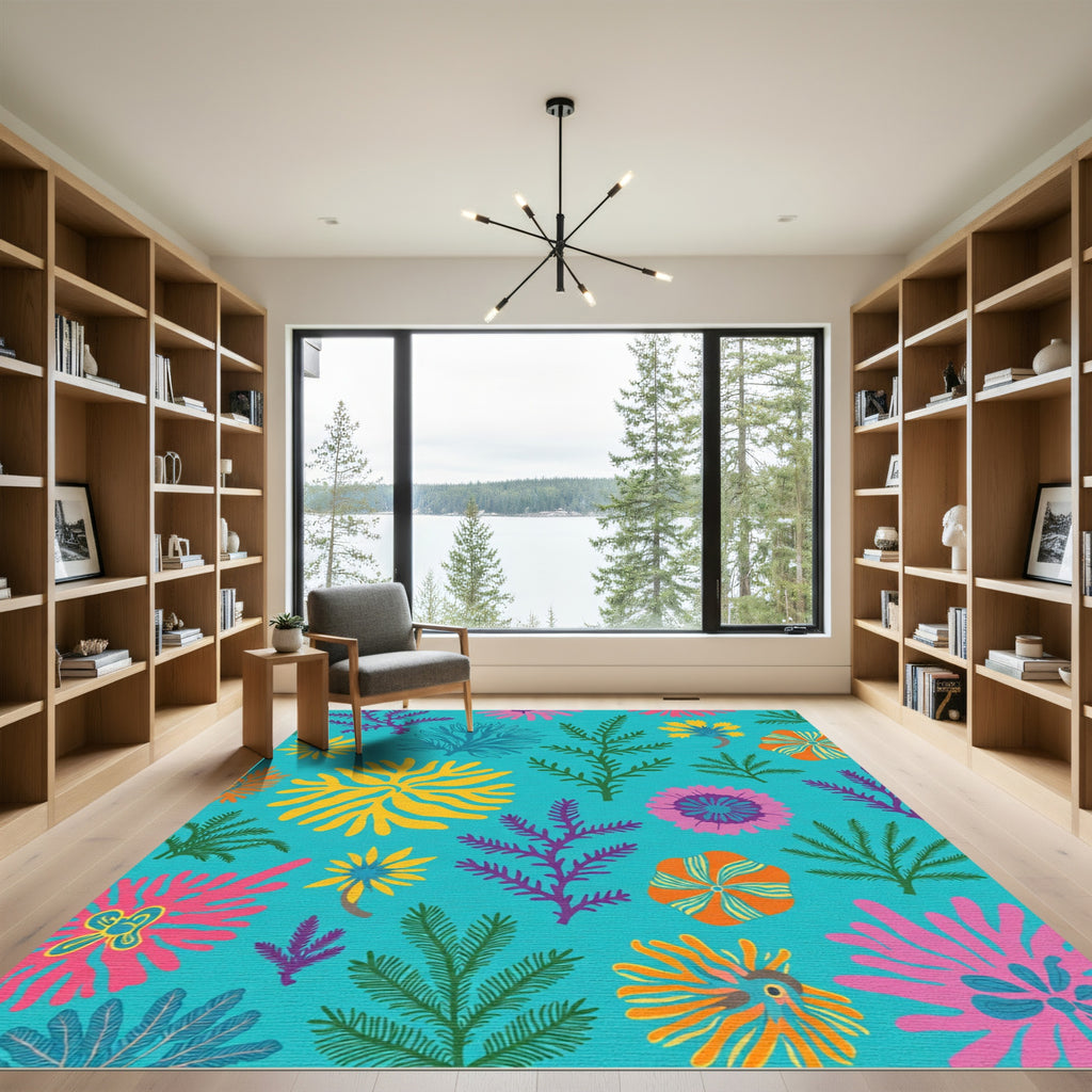 Bright Floral Botanical Coral Ferns Rug