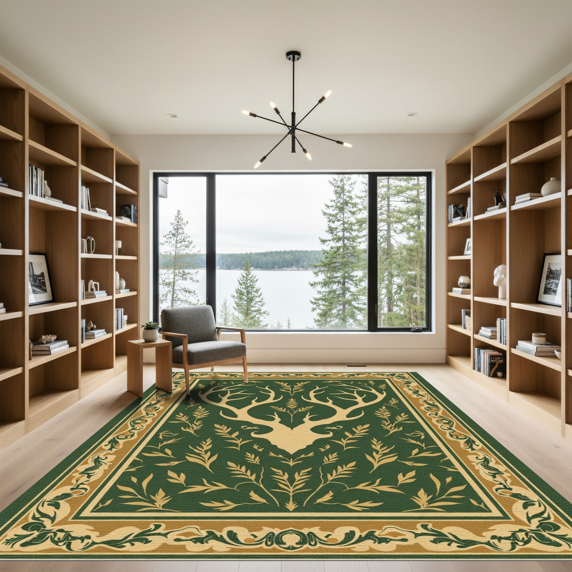 Golden Antlers Green Floral Border Rug