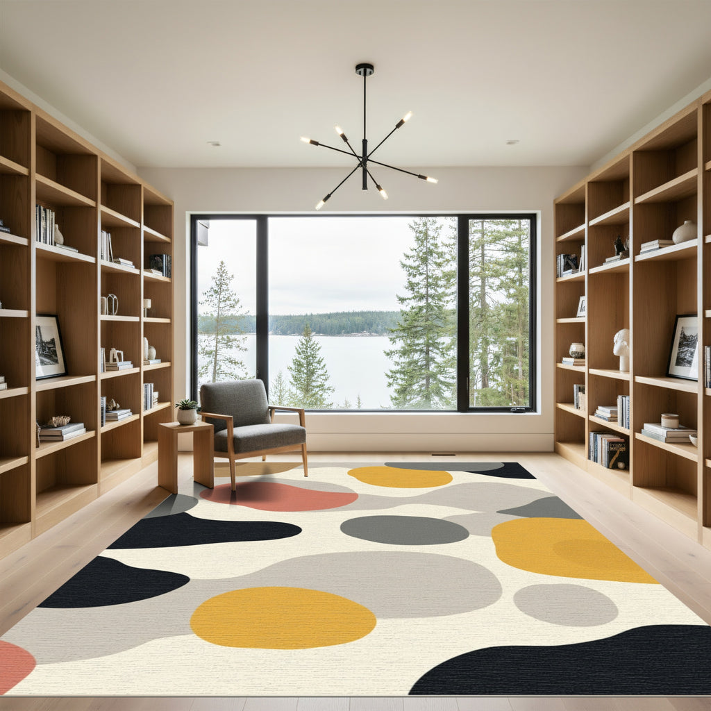 Abstract Ochre Coral Gray Blob Rug