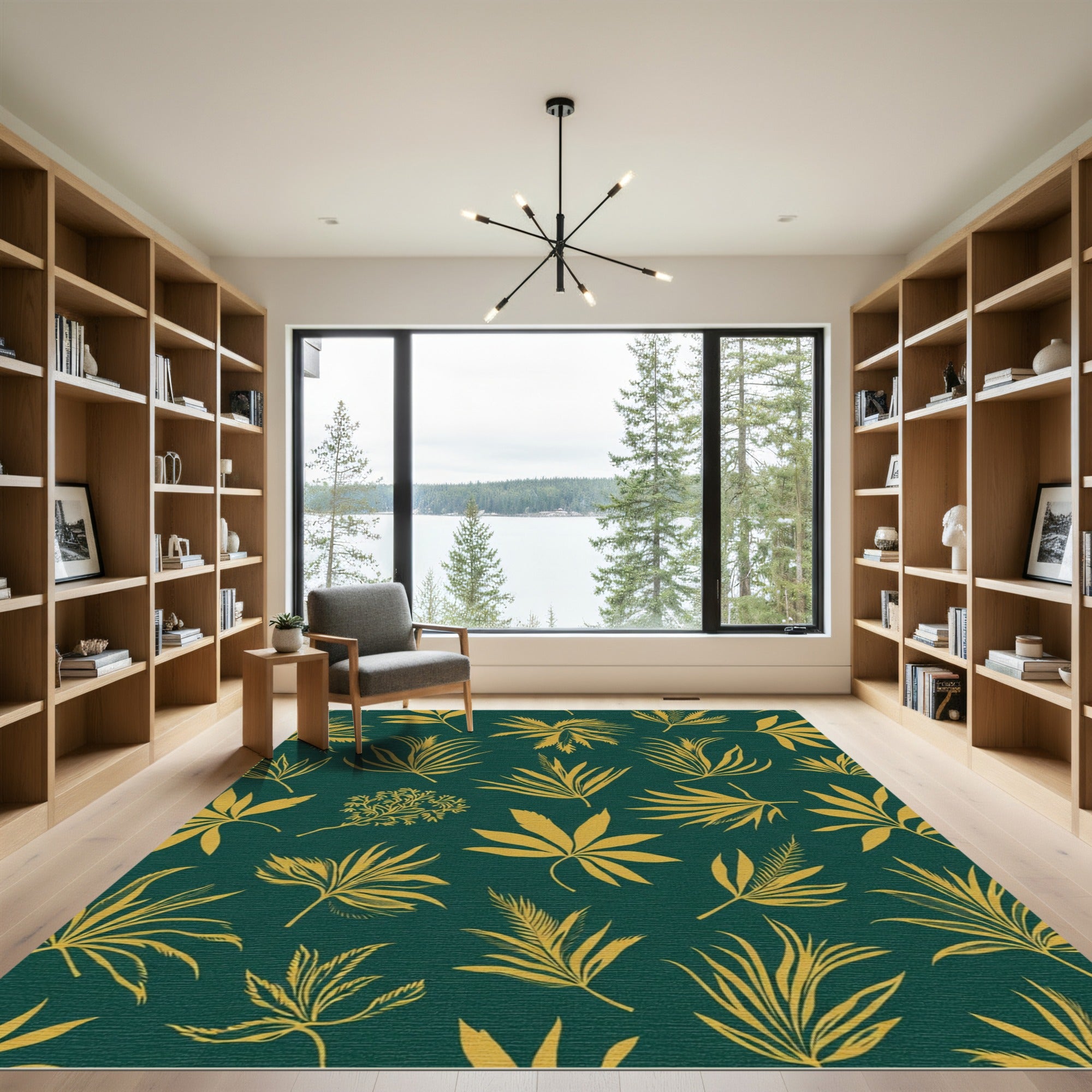 Golden Tropical Foliage Green Background Rug