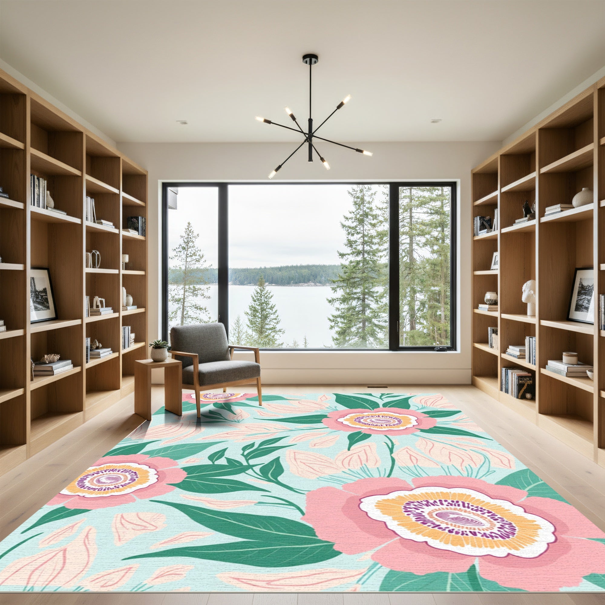 Coral Pink Blooming Floral Garden Rug