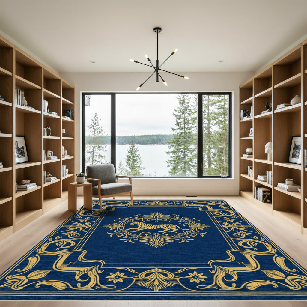Vibrant Gold Tiger Medallion Blue Rug