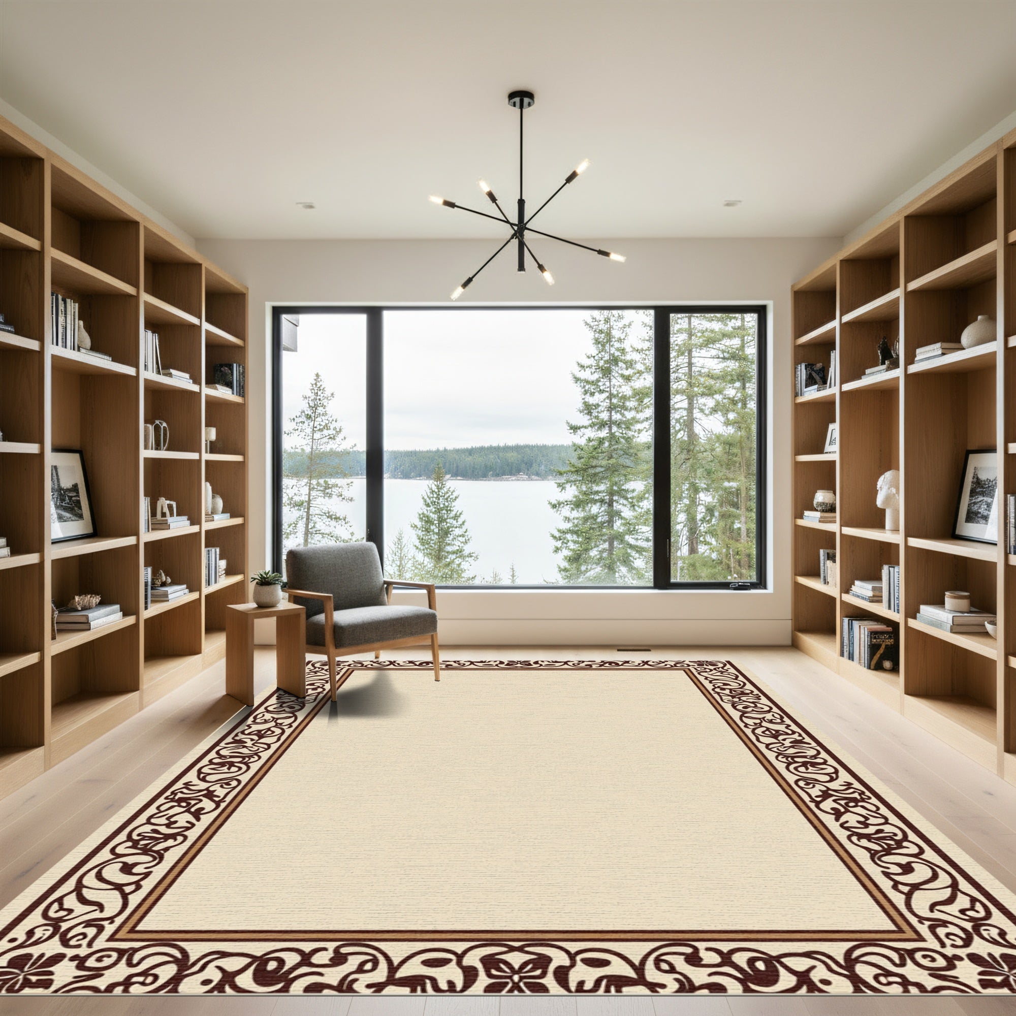 Cream Brown Scrollwork Border Rug
