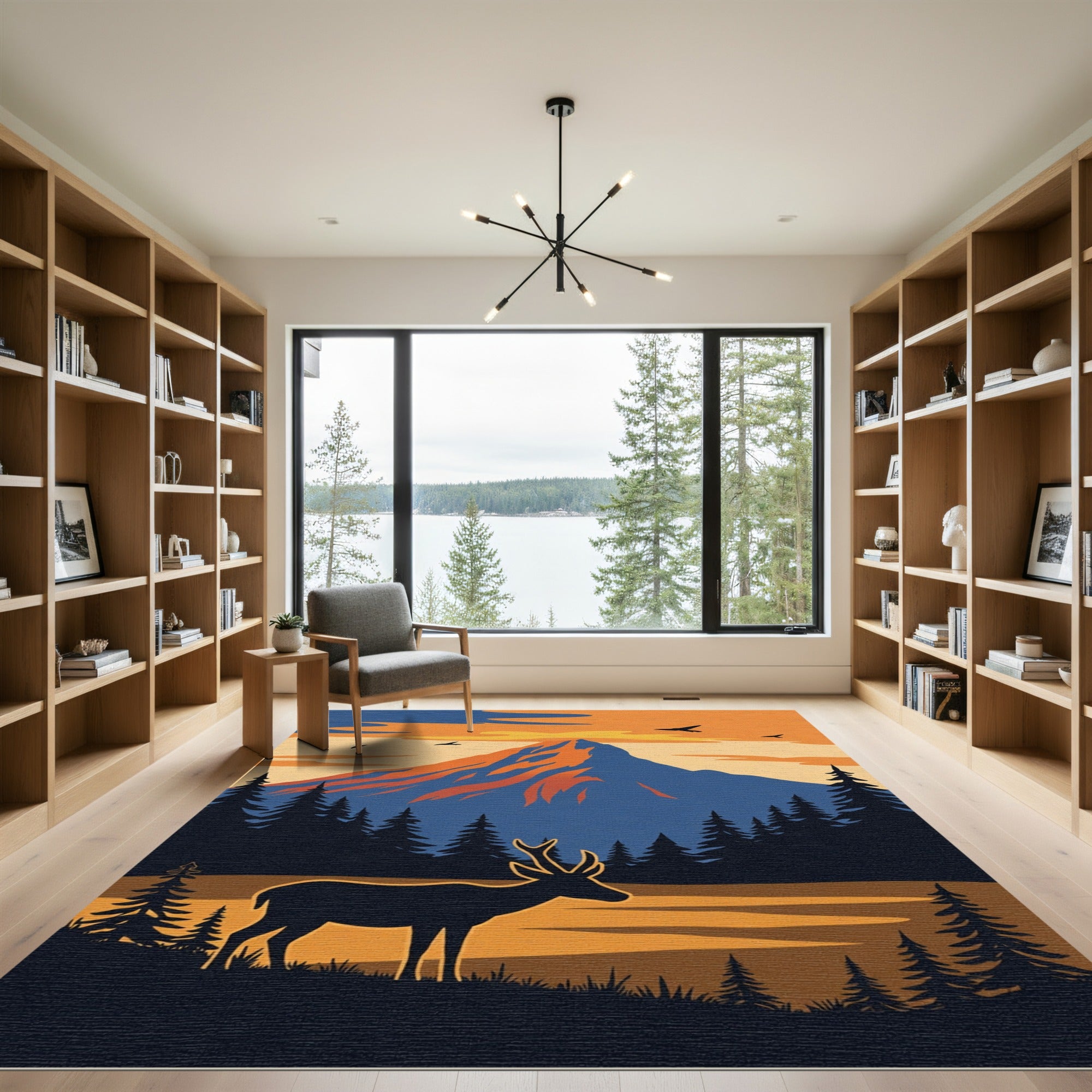 Vintage Woodland Deer Mountain Sunset Rug