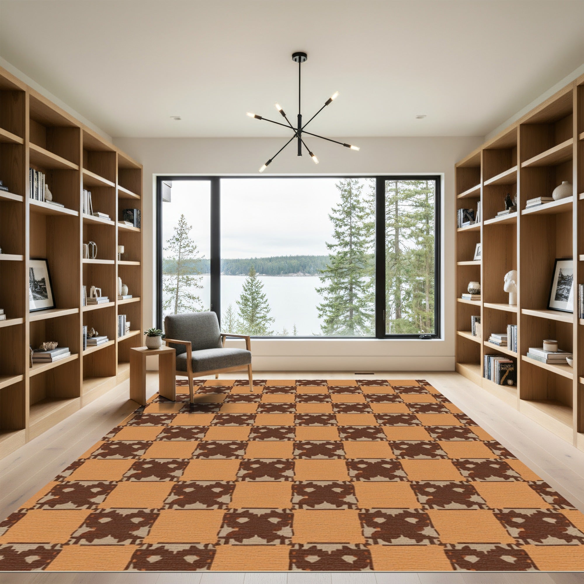 Brown Tan Checkerboard Abstract Shape Rug