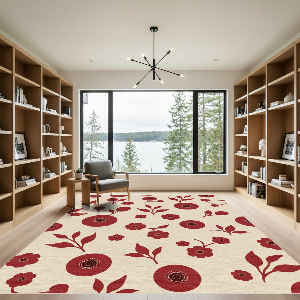 Crimson Floral Branches on Cream Ground Rug