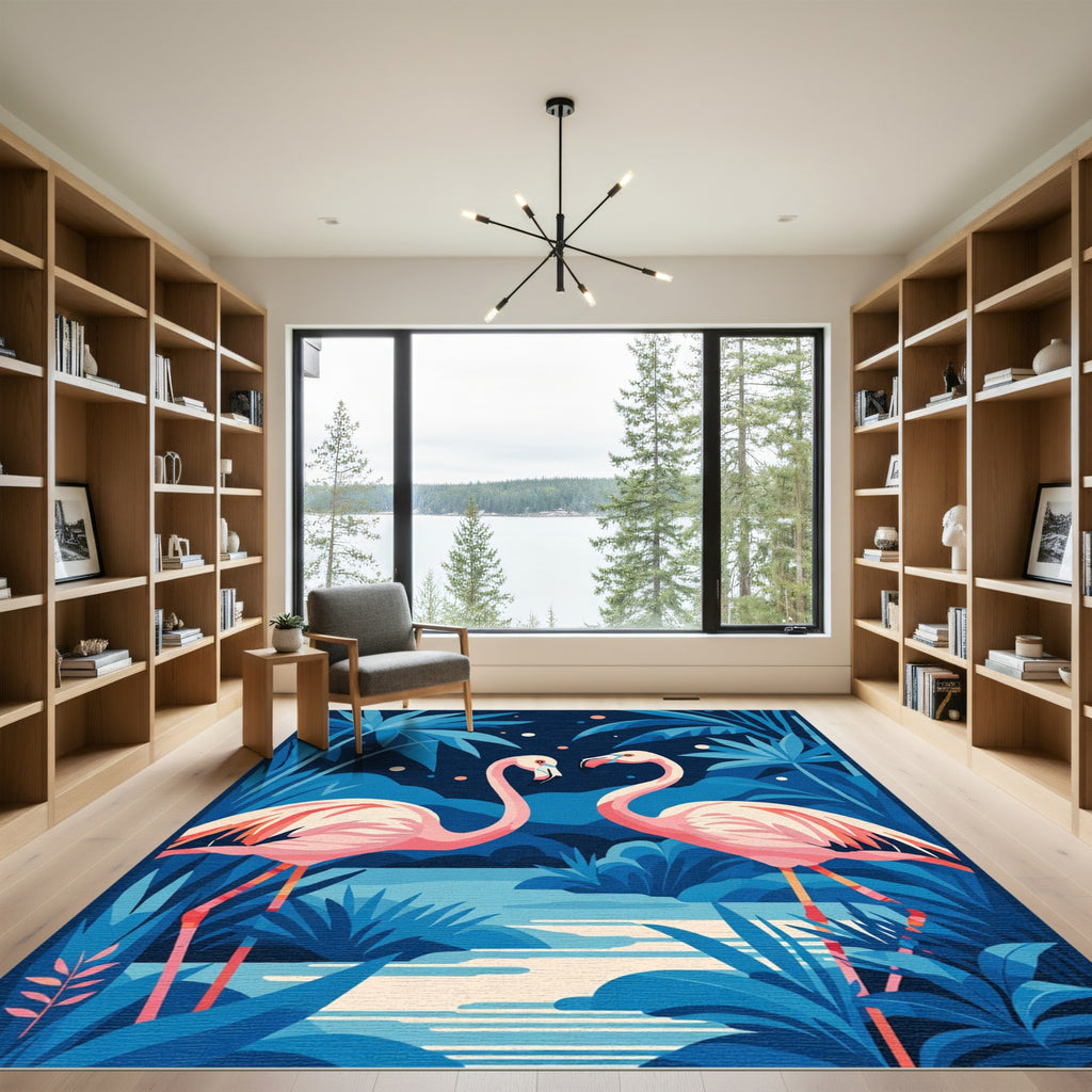 Pink Flamingos Amidst Blue Tropical Foliage Rug