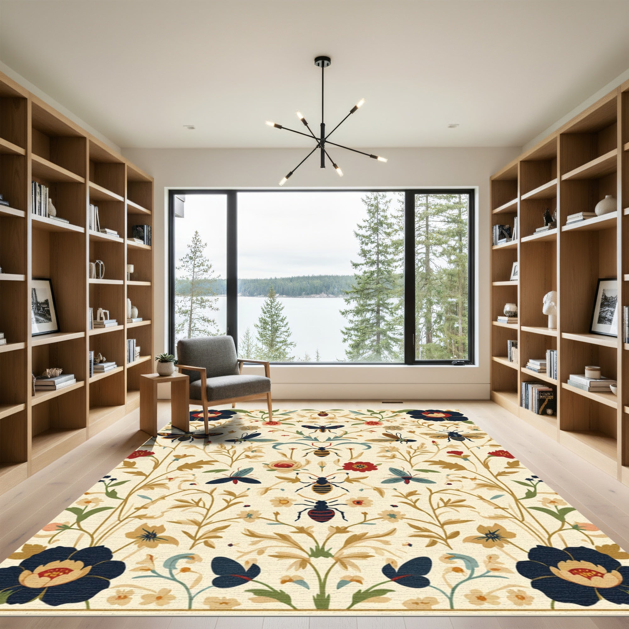 Cream Floral Insect Garden Botanical Rug