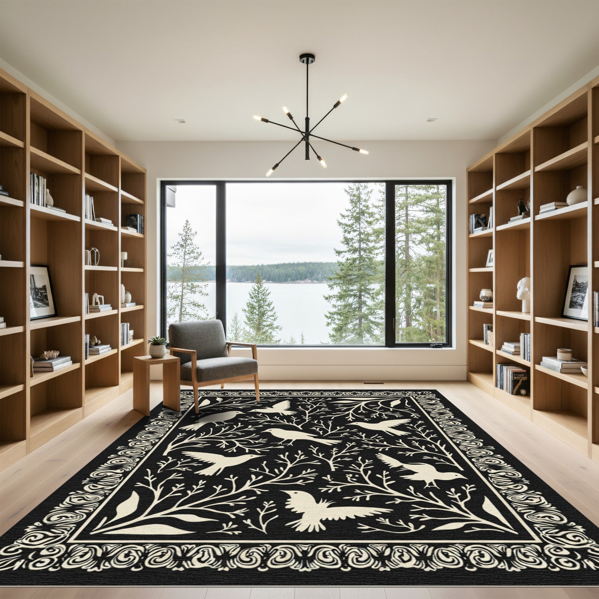 Cream Birds Among Branches Border Rug