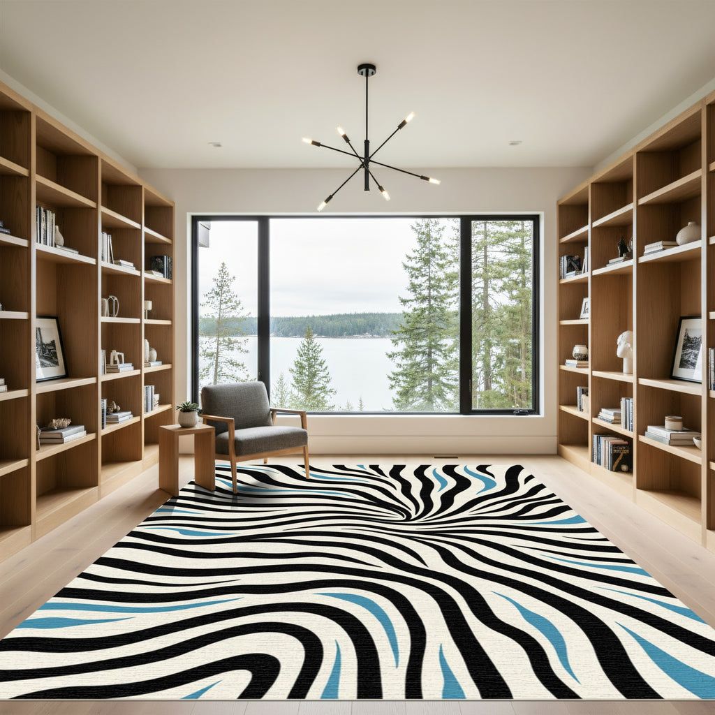 Abstract Black White Blue Swirl Rug
