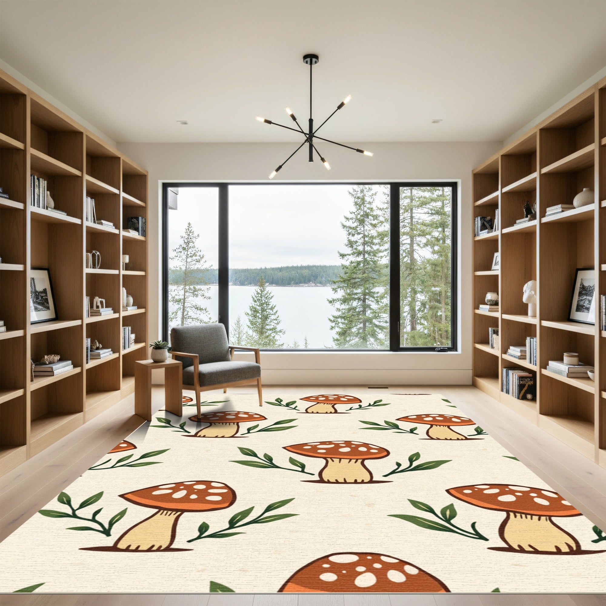 Retro Mushroom and Leaf Pattern Rug