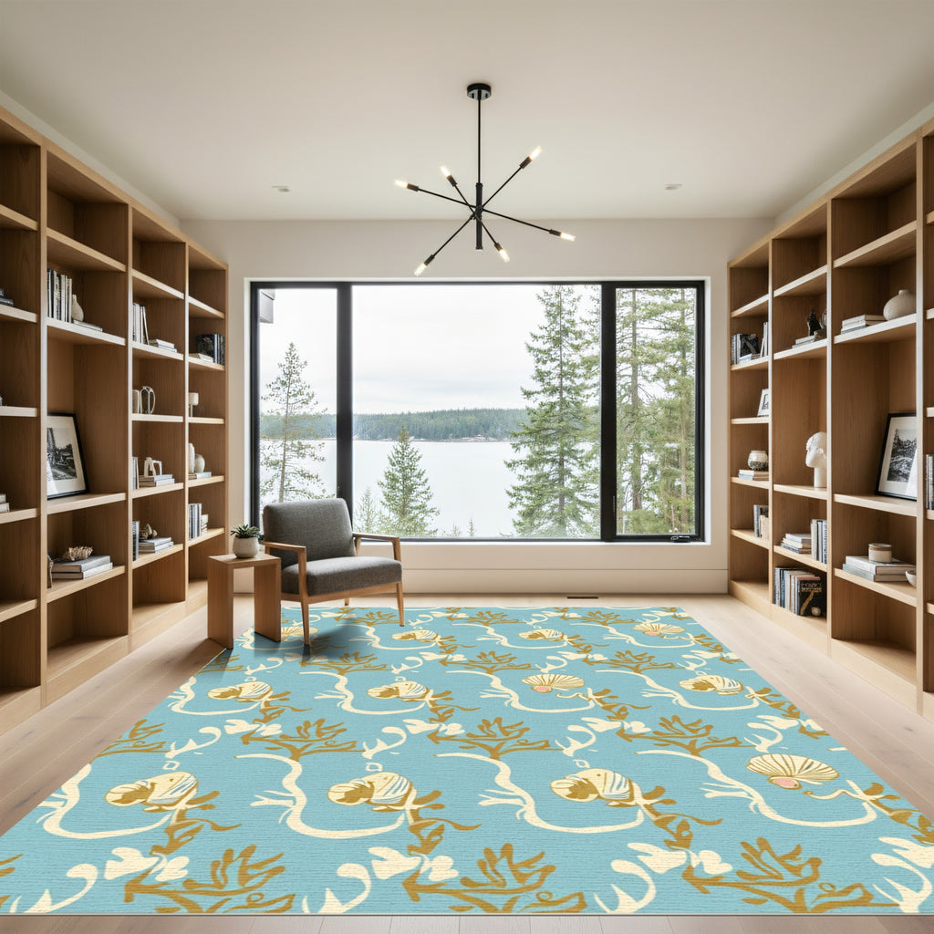 Coastal Blue Seashell Botanical Swirls Rug