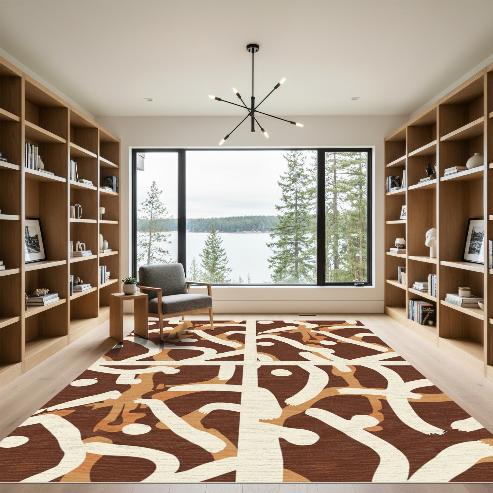 Abstract Brown Ivory Brushstroke Composition Rug