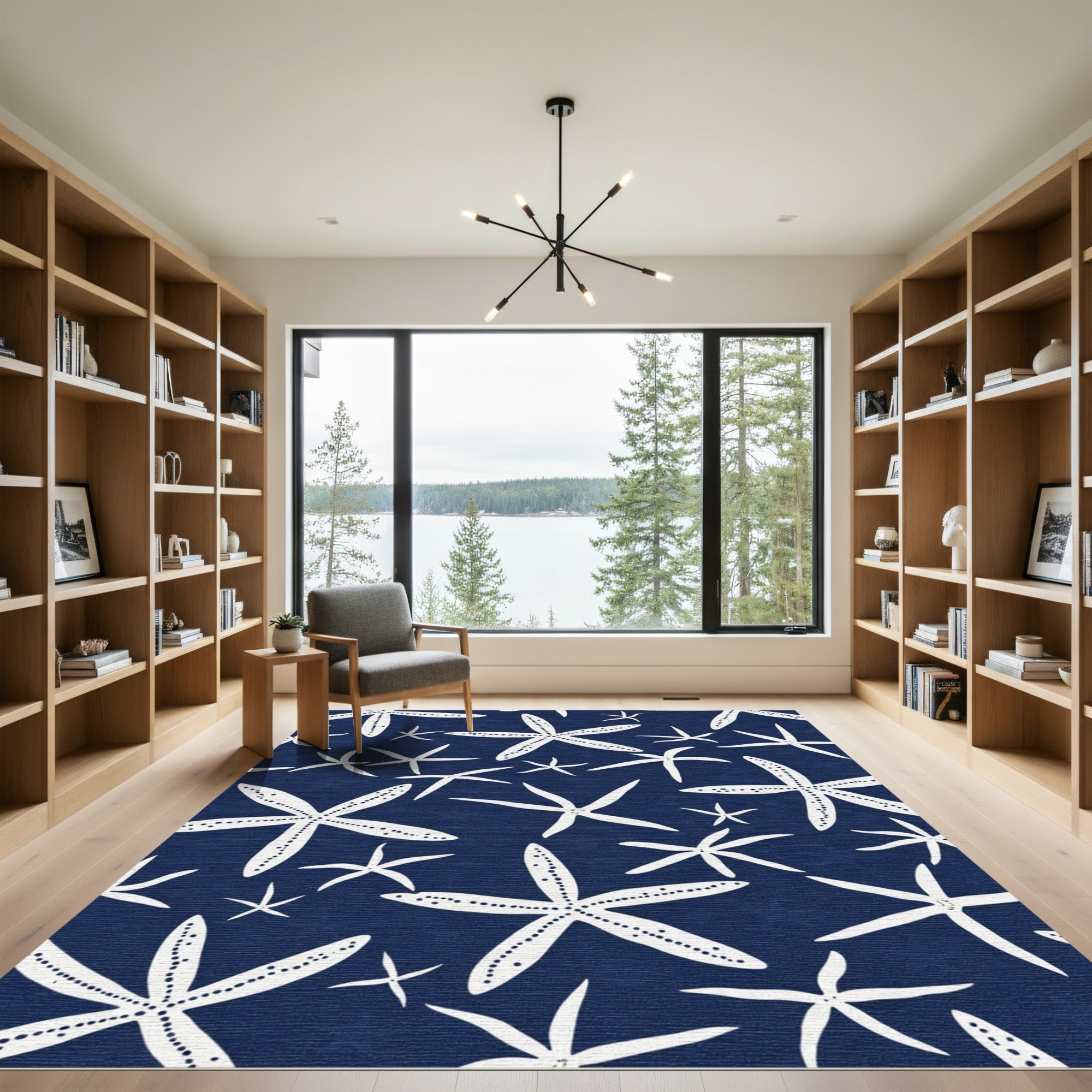 White Starfish Navy Blue Seascape Rug