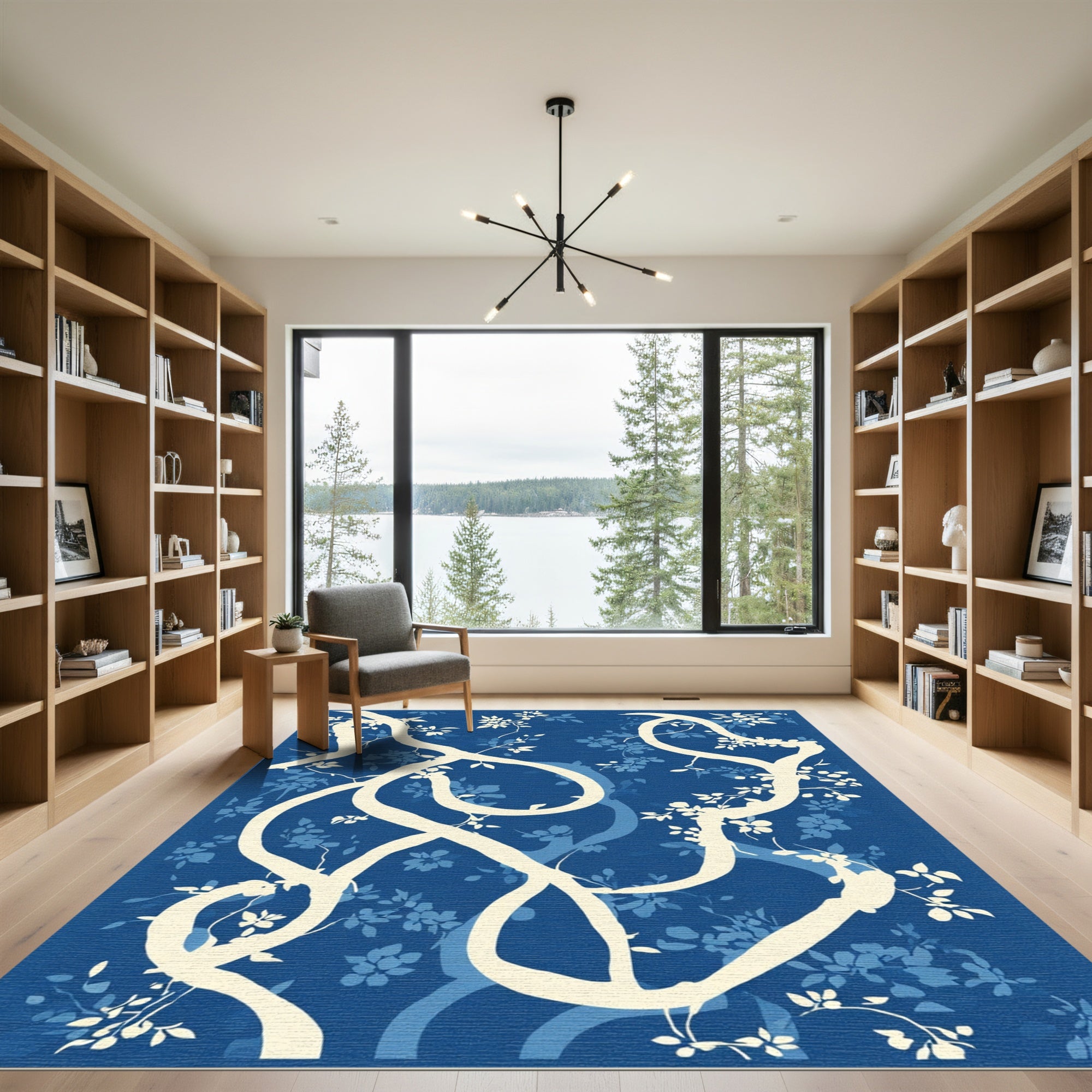 Cream Branches Blossom Blue Field Rug