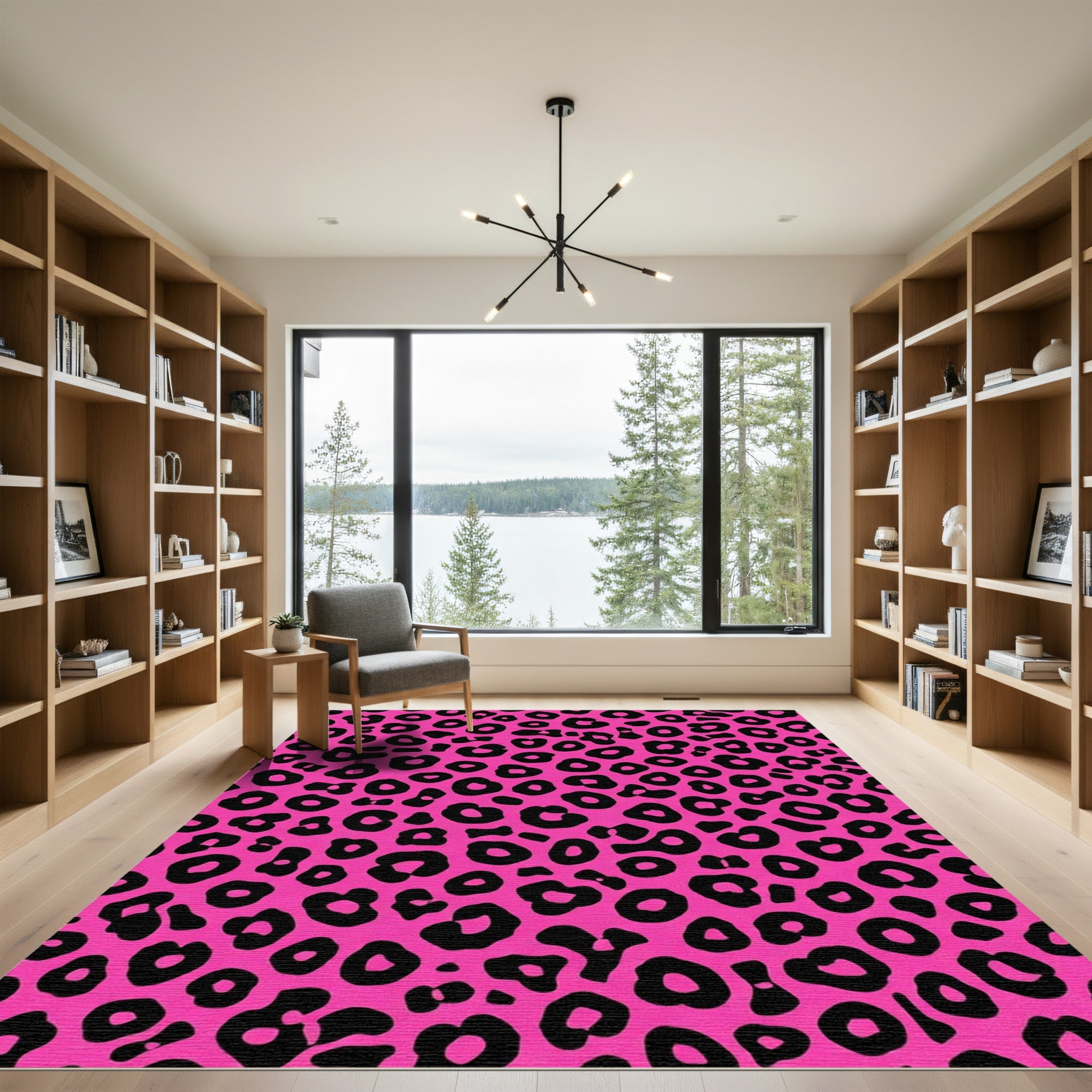 Vibrant Pink Black Leopard Spots Rug
