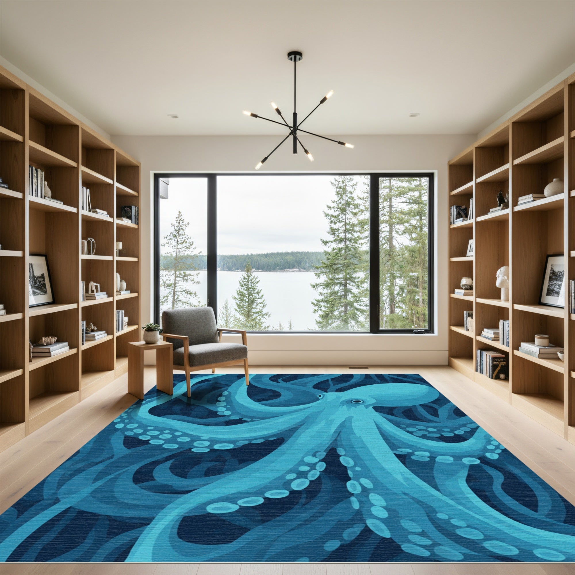 Aquatic Octopus Deep Blue Waves Rug