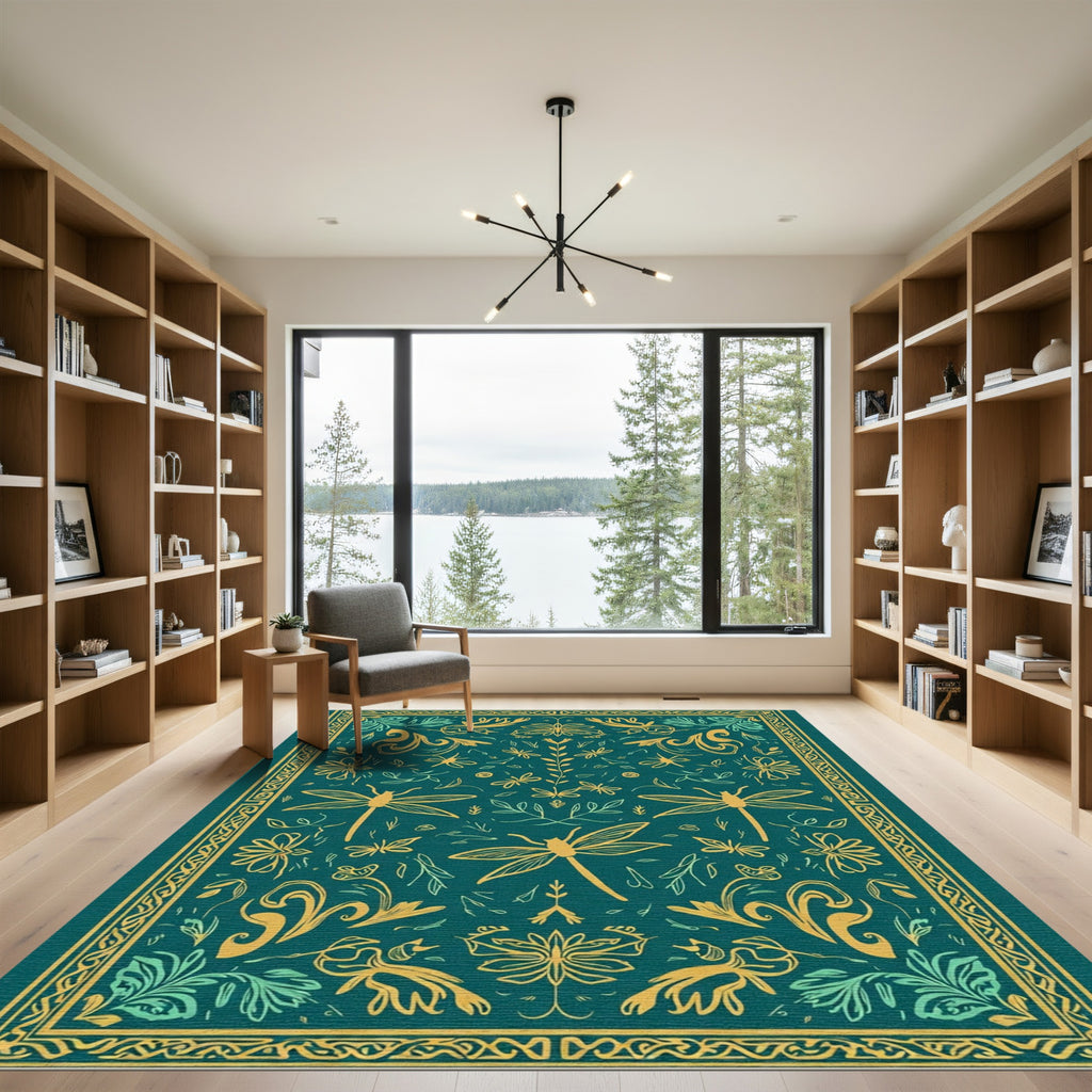 Teal Golden Dragonfly Floral Composition Rug