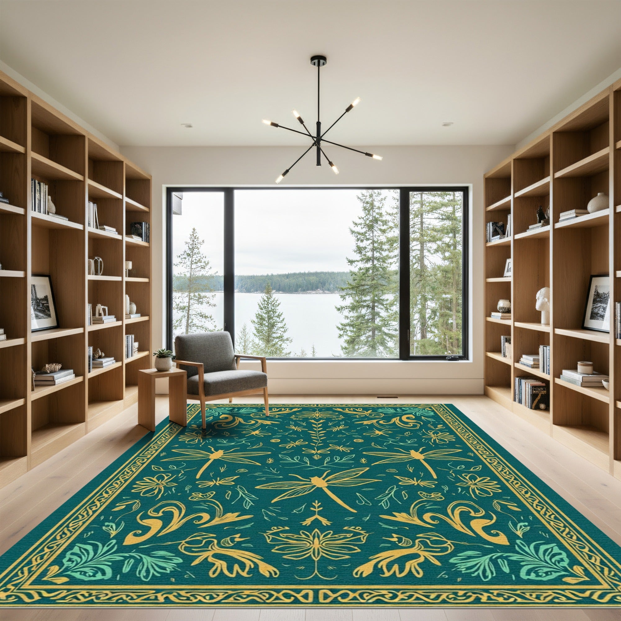 Teal Golden Dragonfly Floral Composition Rug