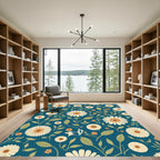 White Floral Garden Teal Background Rug