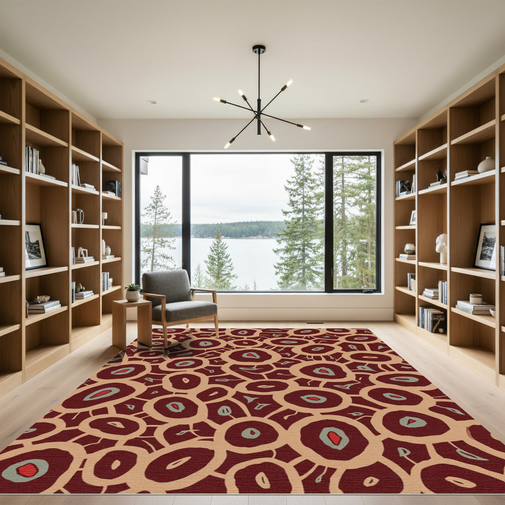 Crimson Teal Abstract Organic Circles Rug