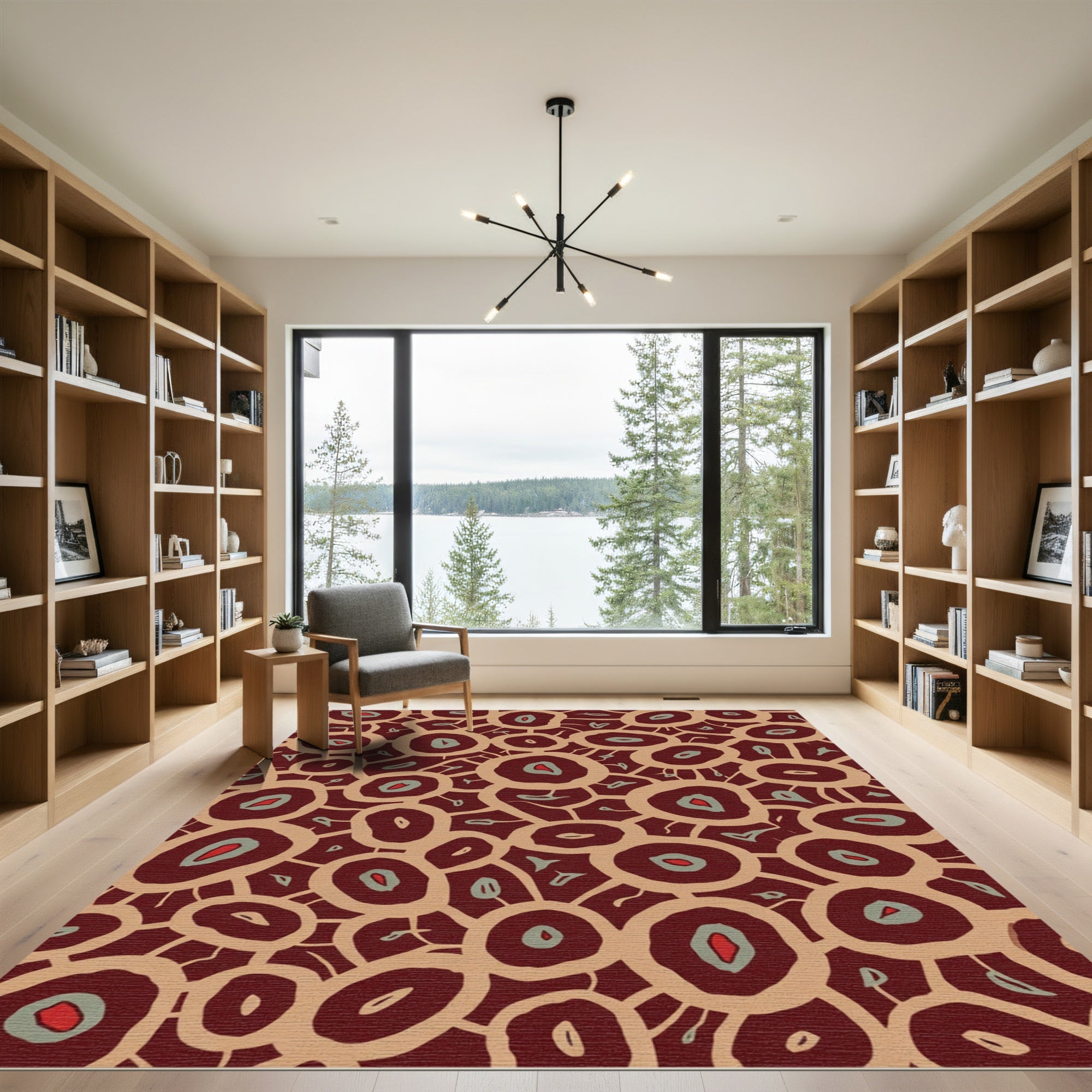 Crimson Teal Abstract Organic Circles Rug