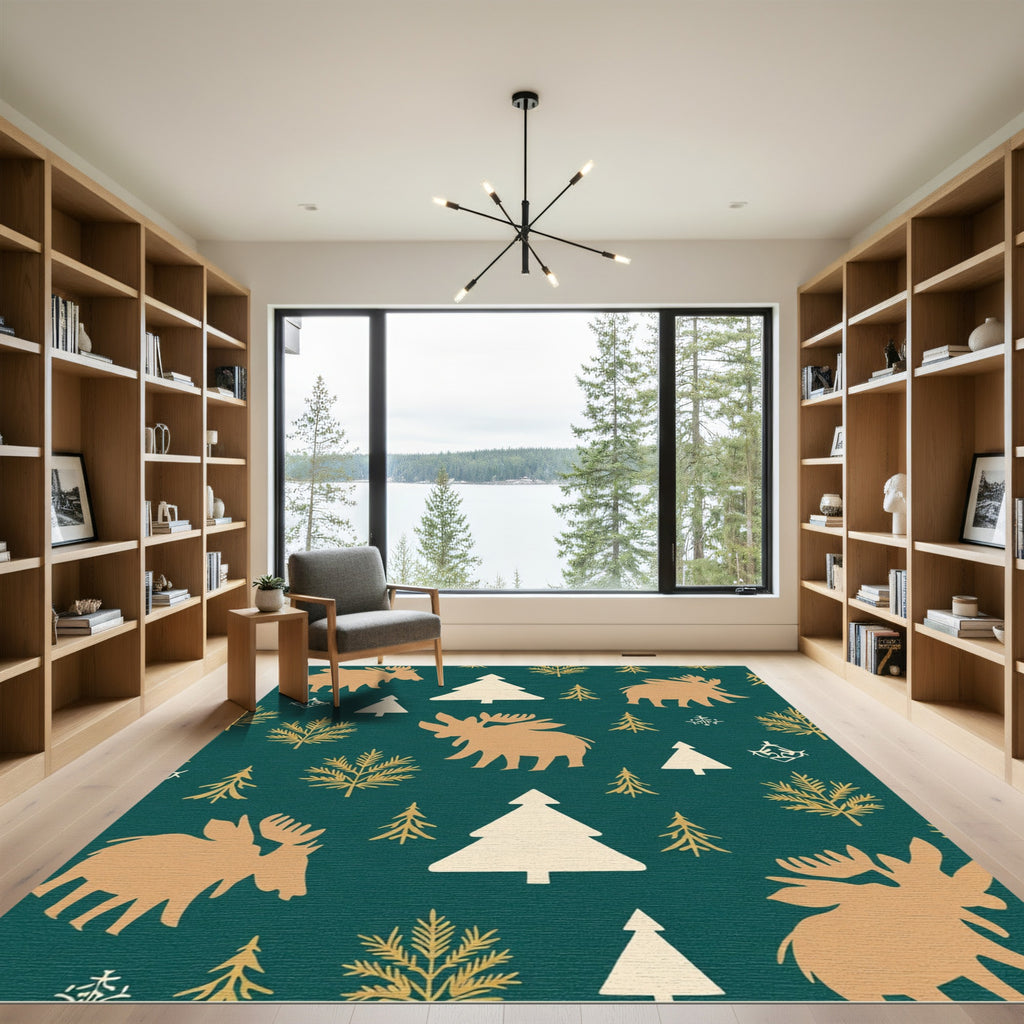 Golden Moose Evergreen Forest Scatter Rug