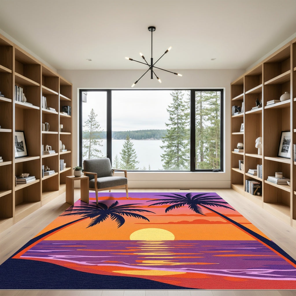 Vibrant Sunset Palm Trees Water Reflection Rug