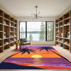 Vibrant Sunset Palm Trees Water Reflection Rug