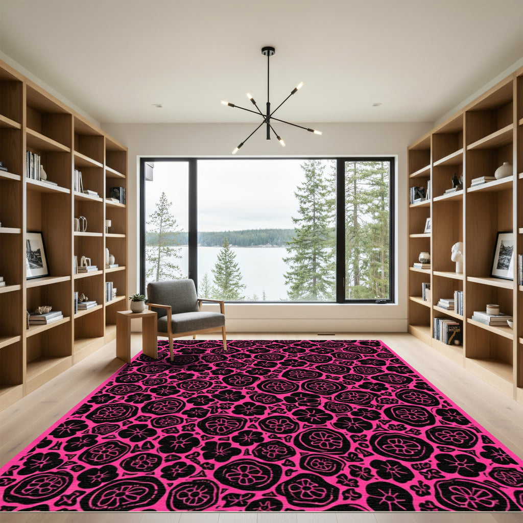 Bold Pink Blooming Flower Field Rug