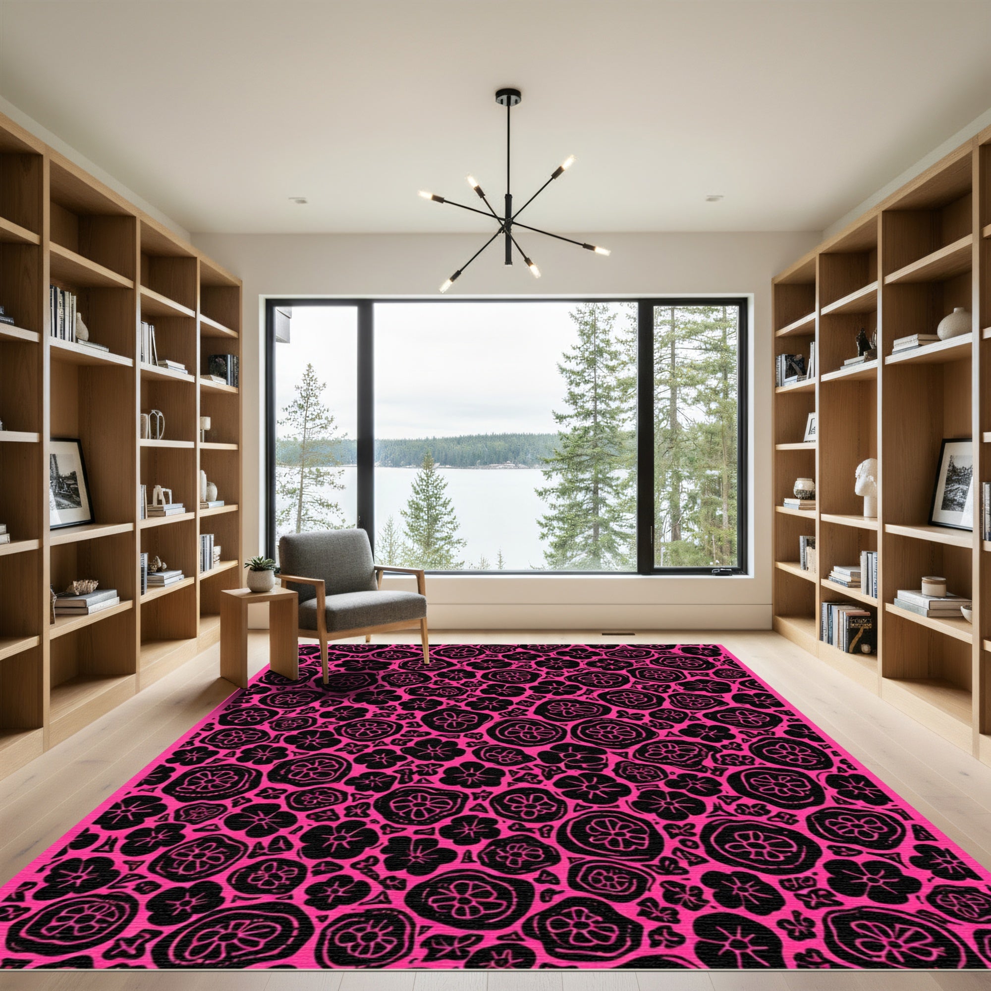 Bold Pink Blooming Flower Field Rug