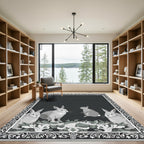 Monochrome Rabbits Floral Border Rug