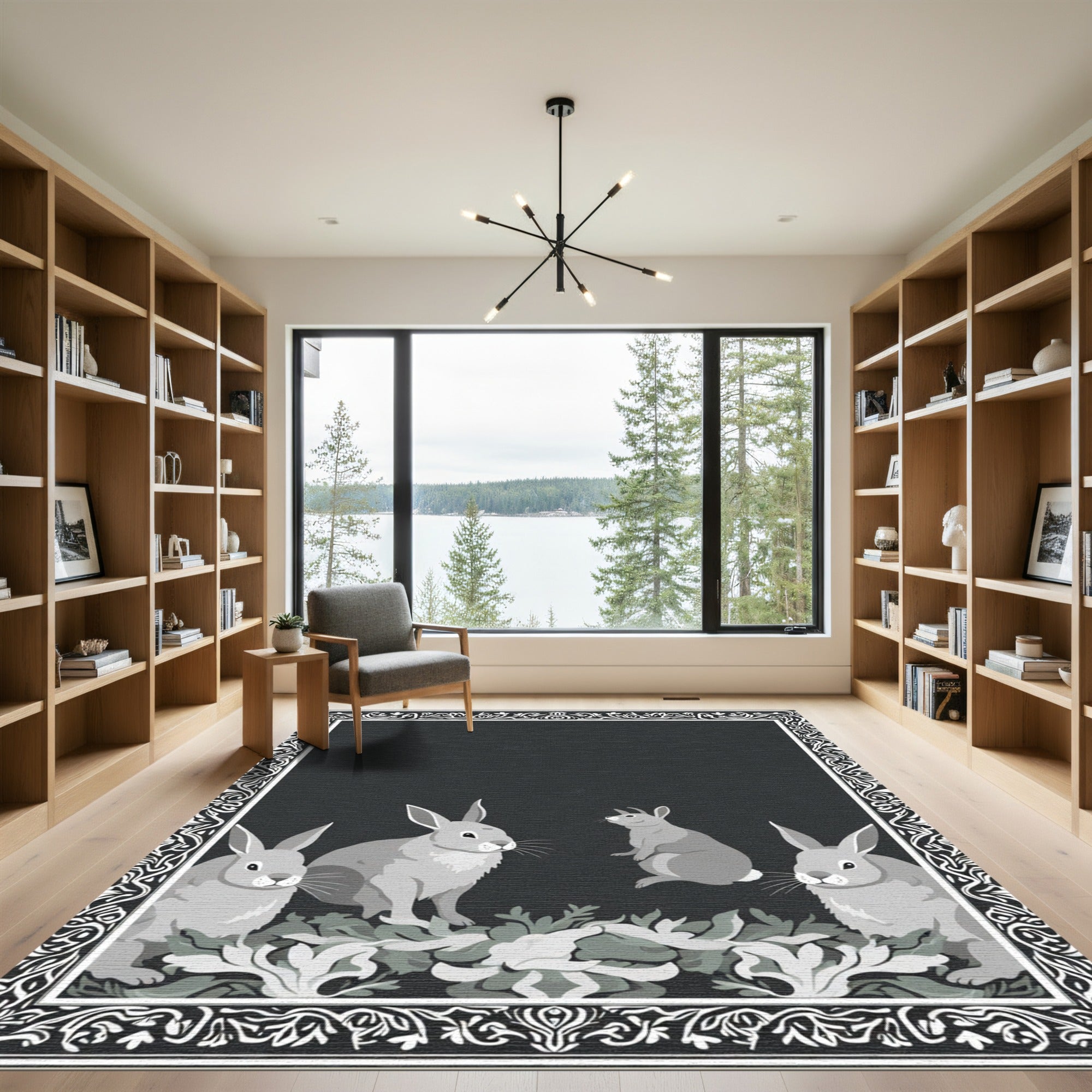 Monochrome Rabbits Floral Border Rug