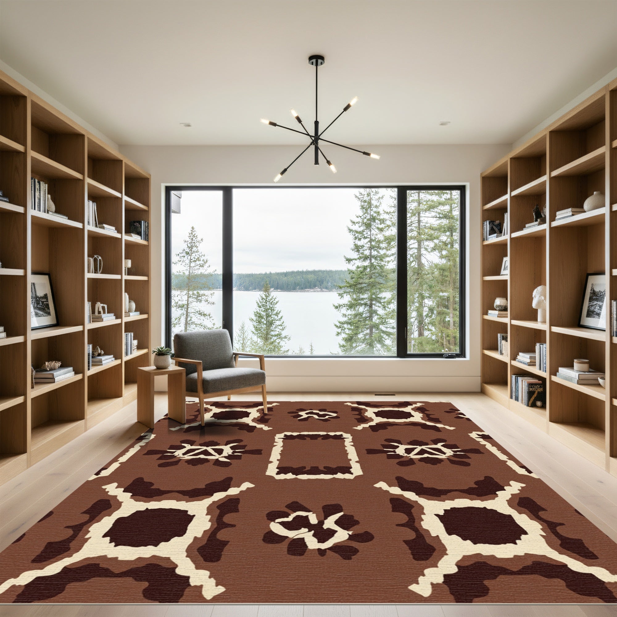 Brown Ochre Geometric Abstract Medallion Rug