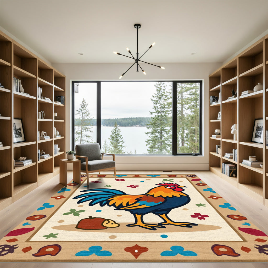 Farmhouse Rooster Floral Border Rug
