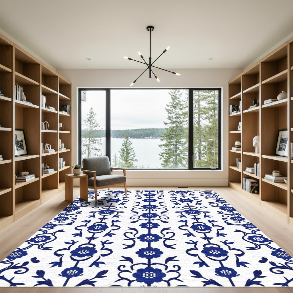 Classic Blue White Floral Scroll Rug
