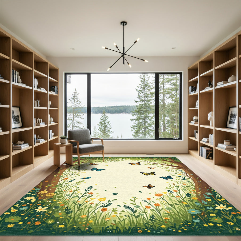 Whimsical Orange Butterfly Garden Scene Rug